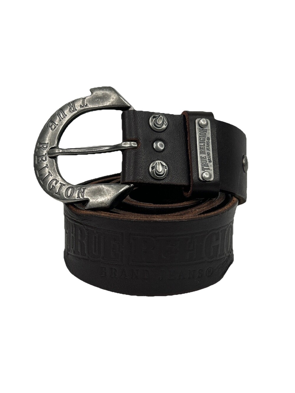 True Religion Dark Brown Leather Belt Size 32 Women’s Horseshoe Buckle Logo